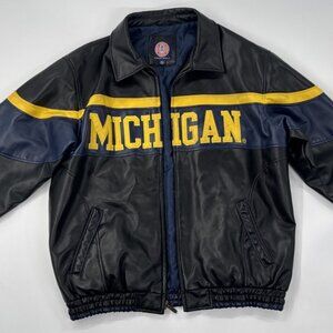 University of Michigan Bomber Jacket Mens Large Faux Leather Sewn Logo Full Zip